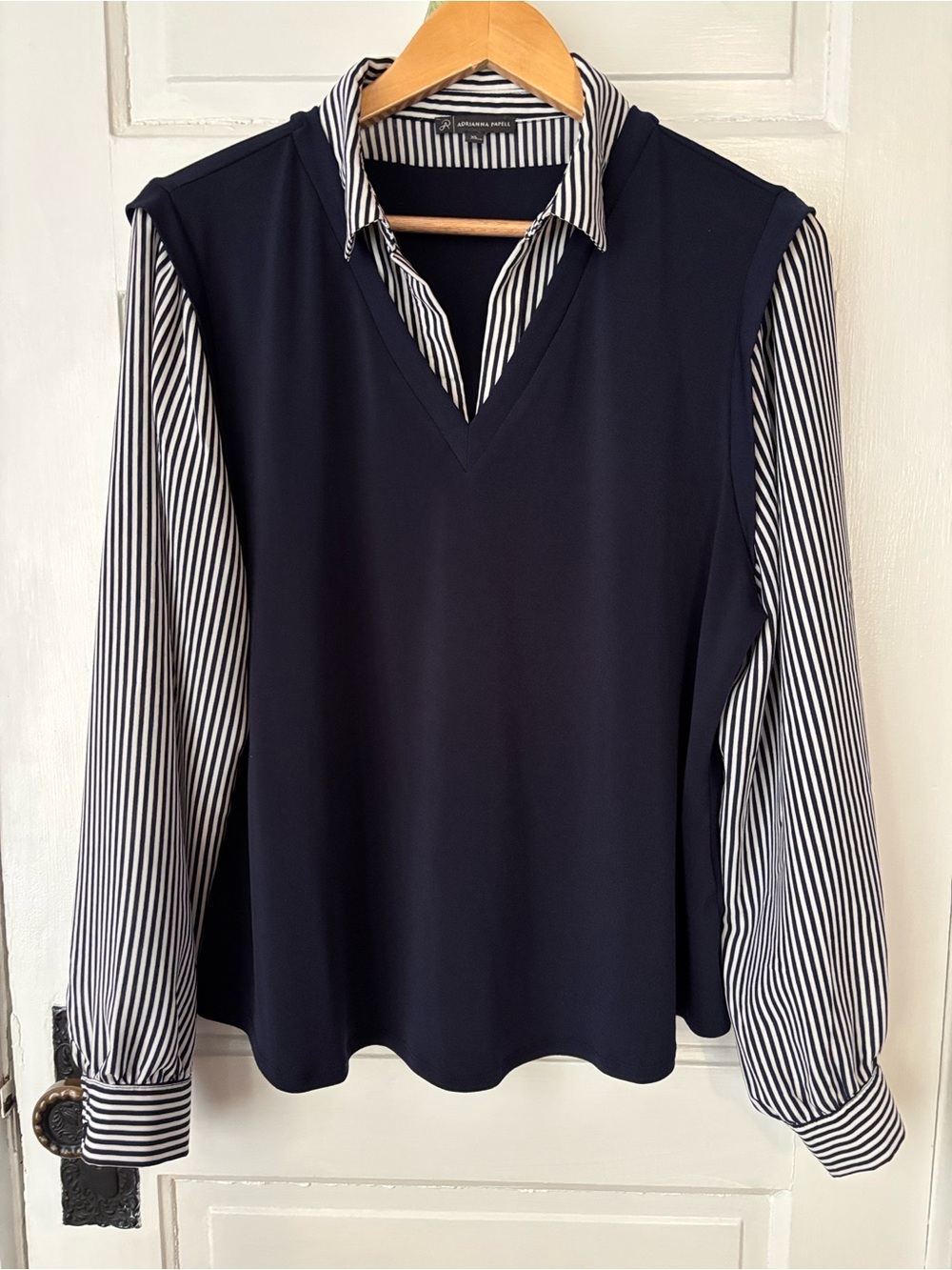 Adrianna Papell Navy V-Neck Faux-Layered Shirt with Striped Sleeves